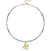 YOUFENG Beaded Initial Necklace for Women 14K Gold Plated Bamboo Letter Pendant Rainbow Gemstone Choker Colorful Summer Beach Handmade Jewelry Gift