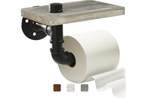 Helntova Industrial Pipe Wall Mounted Toilet Paper Holder with Shelf - Rustic Wood and Metal Bathroom Tissue Roll Holder, Farmhouse Decor for Bathroom-Grey
