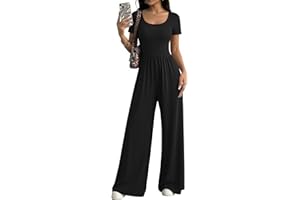 Ekouaer Summer Jumpsuits for Women Short Sleeve Wide Leg Romper Casual Square Neck Jumper 2026 One Piece Overalls with Pocket