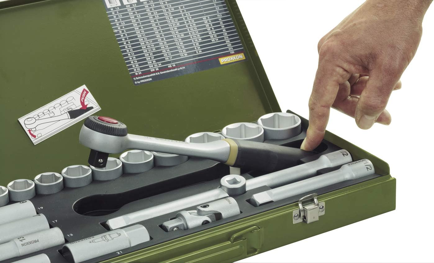 Proxxon 23112 Super Compact Socket Wrench Set including 10 mm (3/8 Inch) Reversible Ratchet 65-Piece Tool Set in Steel Box - Image 4