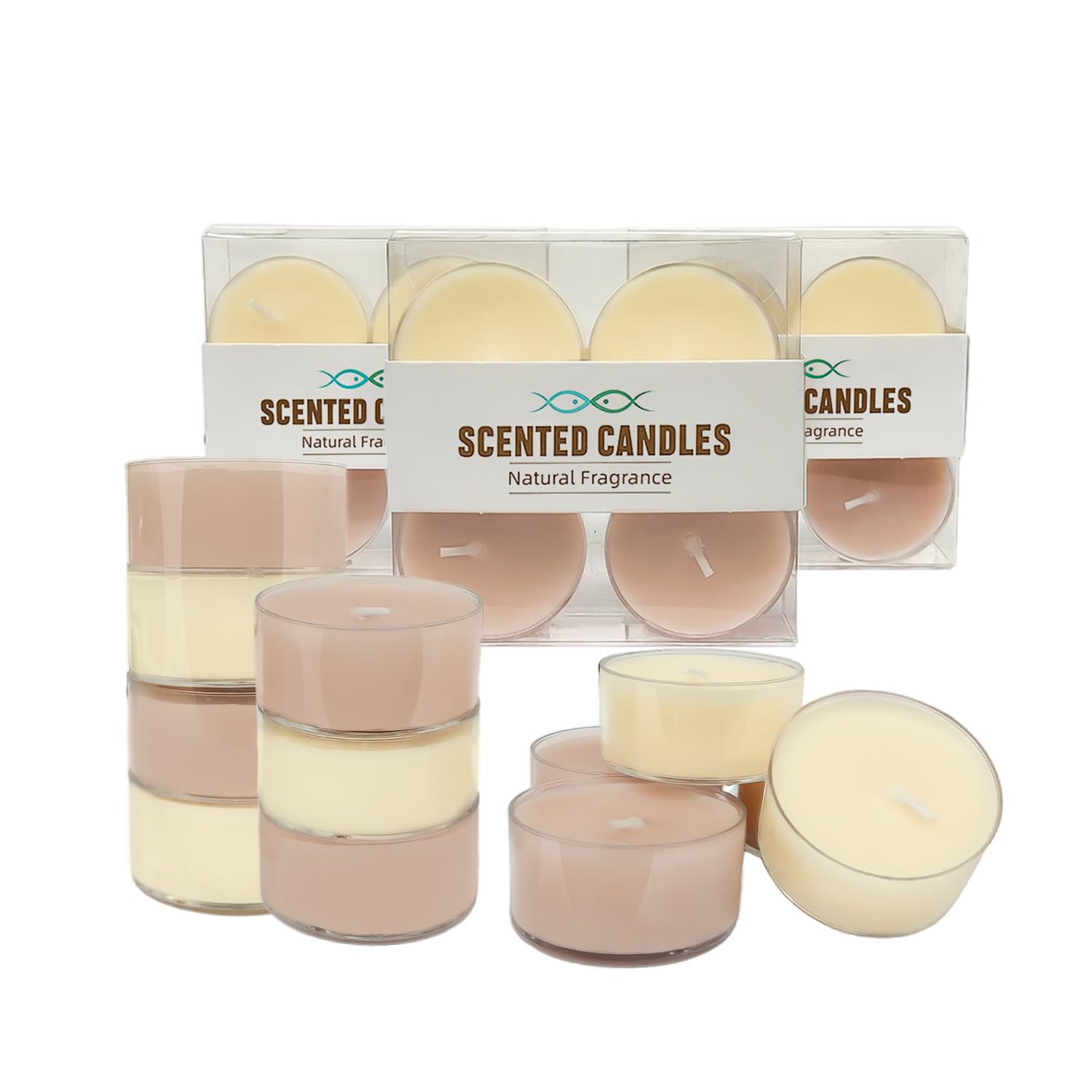 Photo 1 of 12 Pack Scented Tealight Candles, Bee Wax & Soy Wax Blended Tea Light Candle, Cream White & Light Brown, White Tea Scented, Mini Candles in Clear Acrylic Cups for Home & Candle Party