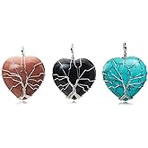 Flemtai 3 Pieces Heart-Shaped Tree of Life Gemstone Pendant Necklace,Natural Stone Charms for DIY Jewelry Making Bracelets,Earrings