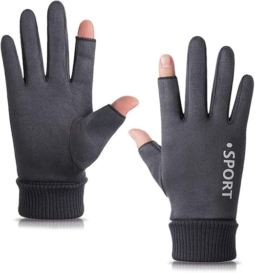 Lemical Thermal Fingerless Gloves for Men Women Windproof Suede Leather