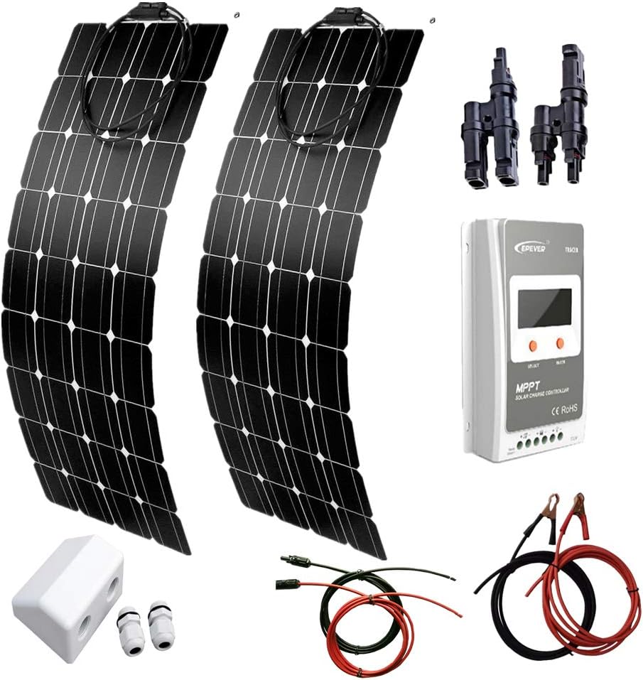 AUECOOR200W 18V Solar Panel Kits Monocrystalline Flexible Solar Panel Kit for 12V Battery RV Cabin Boat Tent Car Tent Yacht with 30A MPPT Solar Controller Cable Connector Alligator Clips