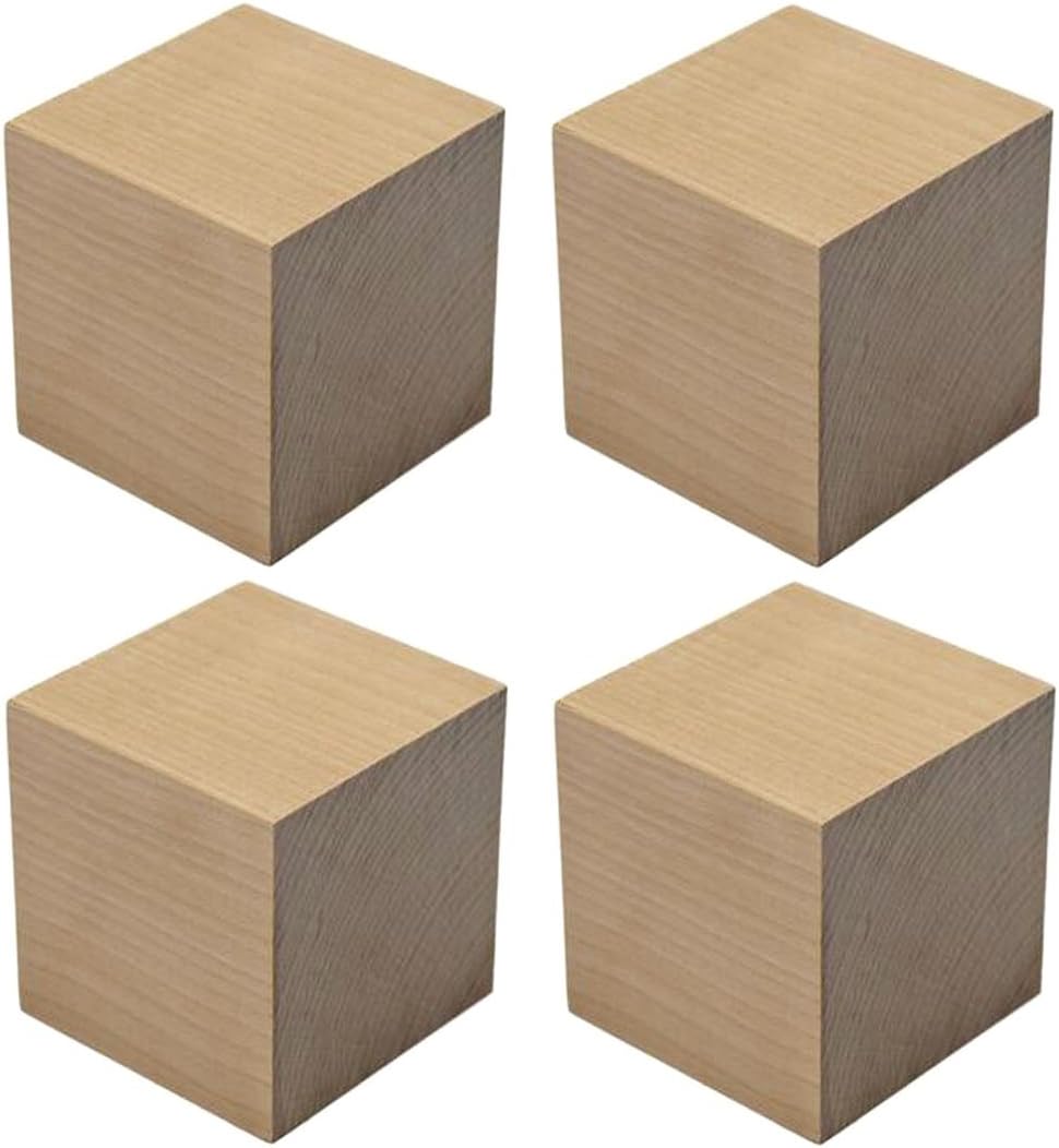 Numblartd 4 Pieces Natural Unfinished Craft Wood Blocks Blank Smooth Wooden Cubes - Wood Square Blocks for Puzzle Making and DIY Carving Art Crafts Supplies (2"x2"x2")
