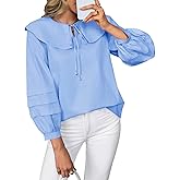 Cicy Bell Womens Peter Pan Collar Shirts Long Puff Sleeve Cotton Blouses Trendy Casual Loose Fit Tops