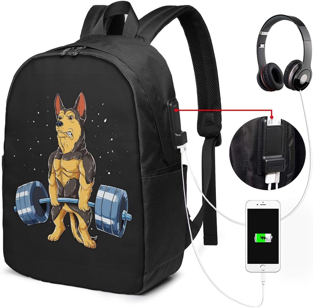 German Shepherd Weightlifting USB Backpack Carry On Bags 17