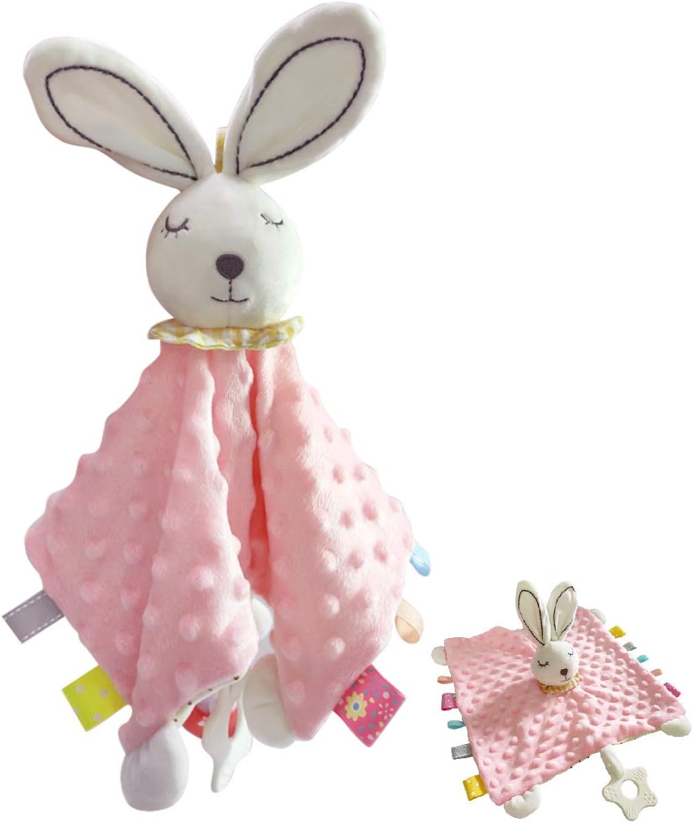 Baby Teething and Soothing Plush Toy Super Soft Flocking Cotton Baby Security Blanket, Cute Animal Taggies for Babies Perfect (Pink Rabbit)