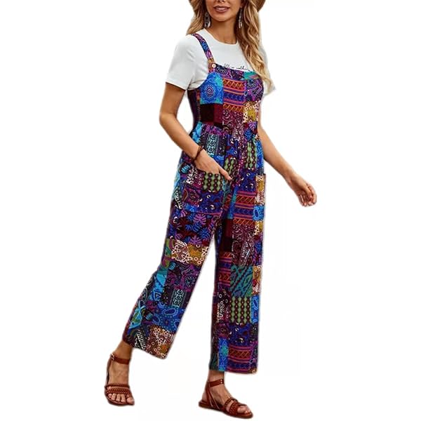 Tenue Polyvalente Saison Salopette Femme été Sans Manches - Jambes Larges Décontractée - Bretelles Réglables Avec Poches Barboteuse Poches Quotidienne