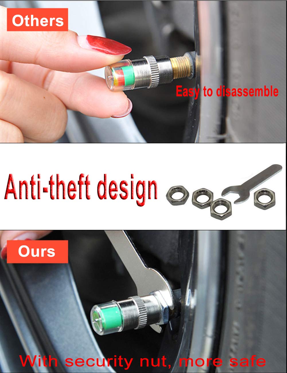 QUNQI STAR Tire Pressure Monitor Valve Caps Anti-Theft Sensor Indicator 3 Color Eye Alert for Car SUV Truck Motorcycles Vehicles (2 Set(8pcs))