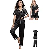 WJing Yi Jia Womens Pajama Sets 3Pcs Silk Satin Pajamas Set XS-2XL Sleepwear Silky Pj Sets Nightwear Pjs Loungewear