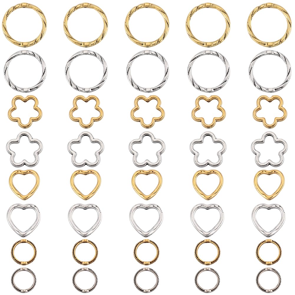 SUNNYCLUE 1 Box 96Pcs Hollow Flower Bead Frame Charm Gold Alloy Round Beading Frame Sliver Bulk Tibetan Metal Heart Spacer Bead Frames for jewellery Making Supplies DIY Crafts Bracelets Necklace Women