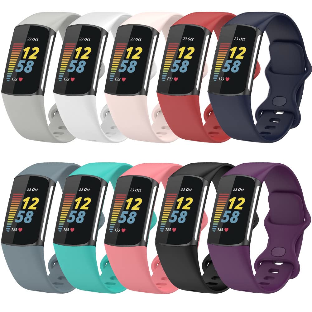 FunBand Straps Compatible with Fitbit Charge 5 Strap, Soft Silicone Sport Replacement Band Adjustable Wristband fit Compatible with Fitbit Charge 5 Activity Tracker for Women Men, 10-Pack