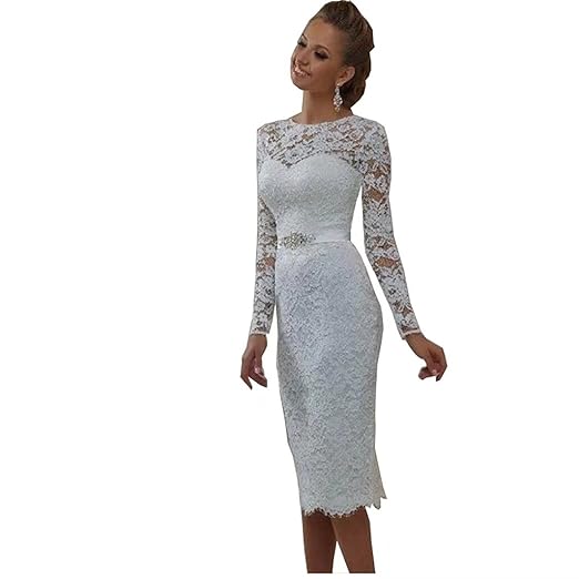 YASIOU Brautkleider Kurz Elegant Vintage Weiß Bustier Langarm Tüll Spitze Knielang mit ärmel Hochzeitskleid