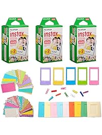 Fujifilm Instax Mini Instant Film (3 Twin Packs, 60 Total Pictures) + 60 Sticker Frames, 5 Plastic Desk Frame, 10 Hanging Clips with String, Micro-fiber Cleaning Cloth