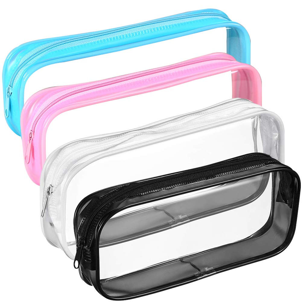Pencil Case Large Capacity Pencil Case, BETOY 4 pcs White Black Pink Sky Blue Transparent PVC Zipper Pencil Bag for Children Teenager Student Storage of Stationery