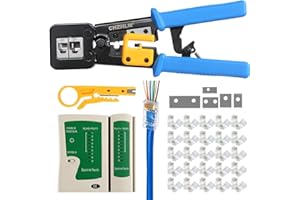 CHZHLM RJ45 Crimp Tool Pass Through Kit with 50PCS Connectors Cable Tester for Pass Through and Legacy Connectors 6P 8P Multi-Function Cable Cutter Cat5e Cat6 Crimping tool Network Wire Stripper