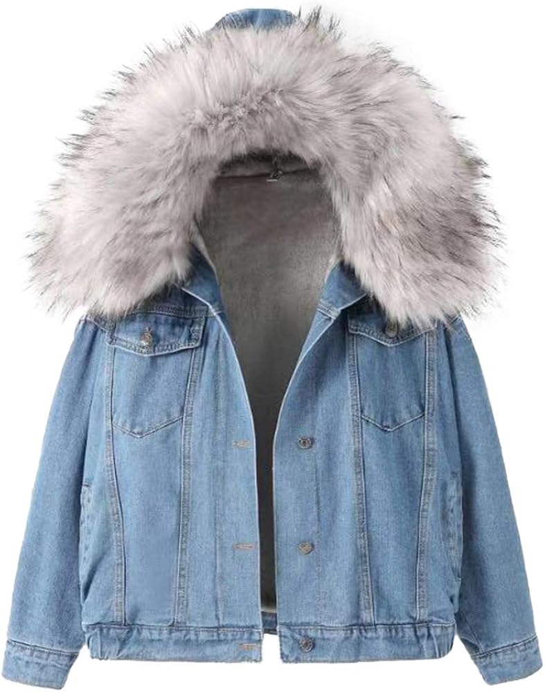 Denim Jacket with Fur Collar Hooded Fleece Overcoat Fluffy