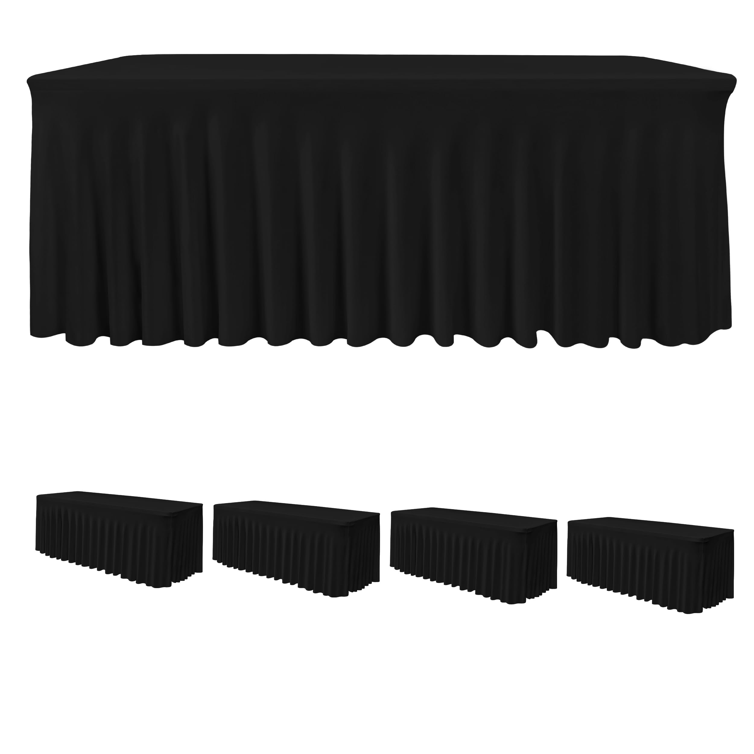 Photo 1 of HolidayIdeas Black Spandex Table Skirts for Rectangle Tables 6ft, Fitted Stretch Table Cover 30x72 Inch, Wrinkle-Free Ruffle Design Tablecloths for Banquets,Trade Shows, Parties, Events, 4 Pack
