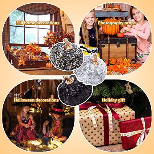 DomeStar Artificial Pumpkins, 3 PCS Glitter Fake Pumpkins Faux Pumpkins with Sequins and Fake Diamonds for DIY Halloween Thanksgiving Fall Harvest