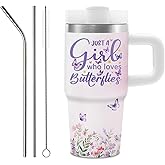 Butterfly Gifts for Women Girls, Purple Butterfly Tumbler with Handle and Straw for Kids 14oz, Stainless Steel Insulated Travel Mug, Birthday Gifts for Girl, Just A Girls Who Lovers Butterflies