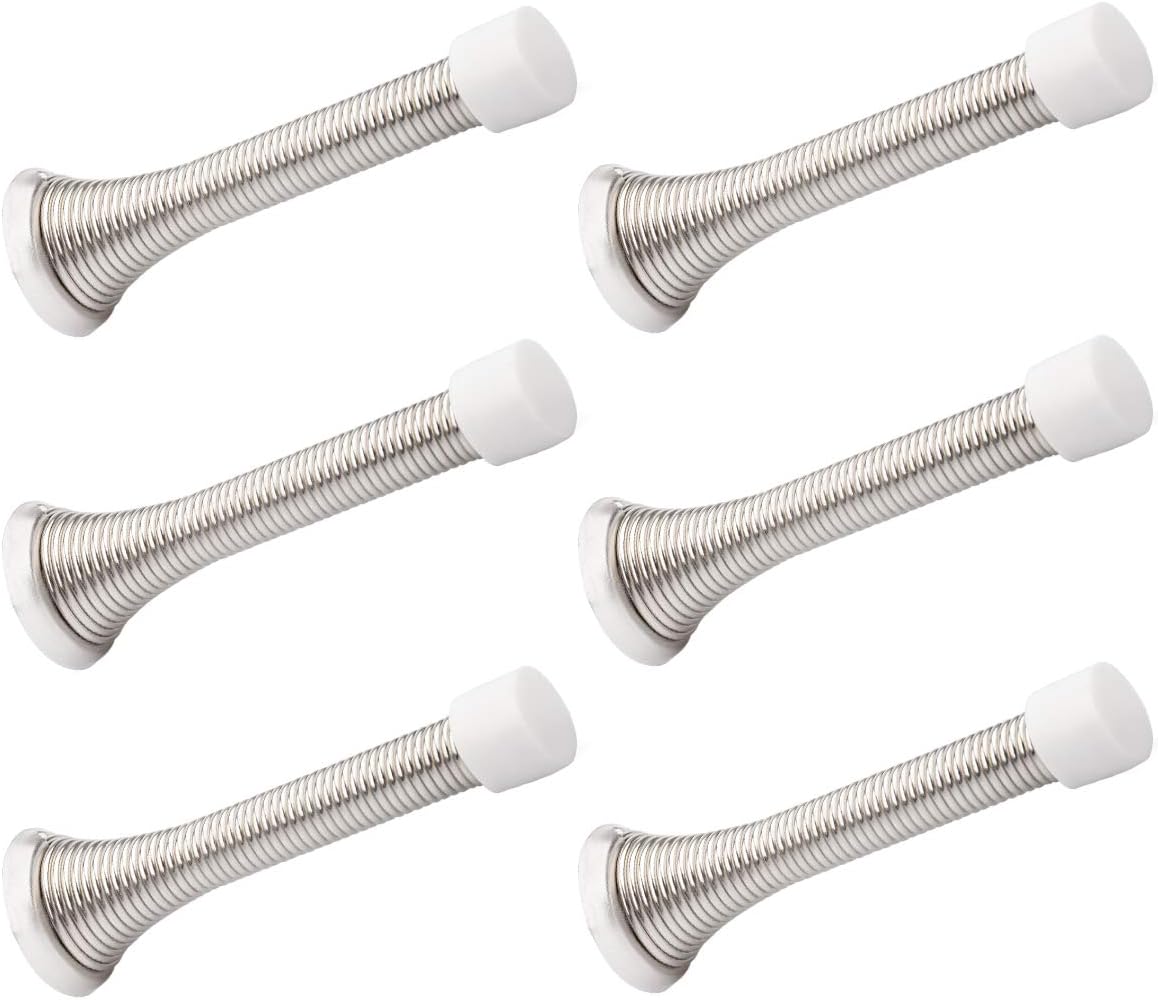 KOVOSCH 6 Pack Spring Door Stops Brushed Satin Nickel- 3-1/4" Flexible Spring Door Stopper with White Rubber Bumper Tips - - 