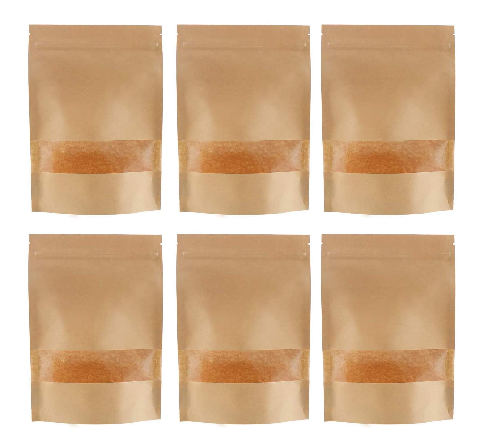 Allbusky 50PCS Kraft Paper Stand Up Food Bags, Reusable Ziplock Seal Bags, Kraft Paper Food Storage Pouches, Kraft Paper Food Packing Bag with Transparent Window, 18x26cm