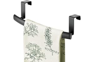 mDesign Steel Over Door Curved Towel Bar Storage, Hanger for Cabinet or Cupboard, Holder Rack for Kitchen, Bathroom - Holds Hand/Dish Towels, Washcloths - Spira Collection - Black
