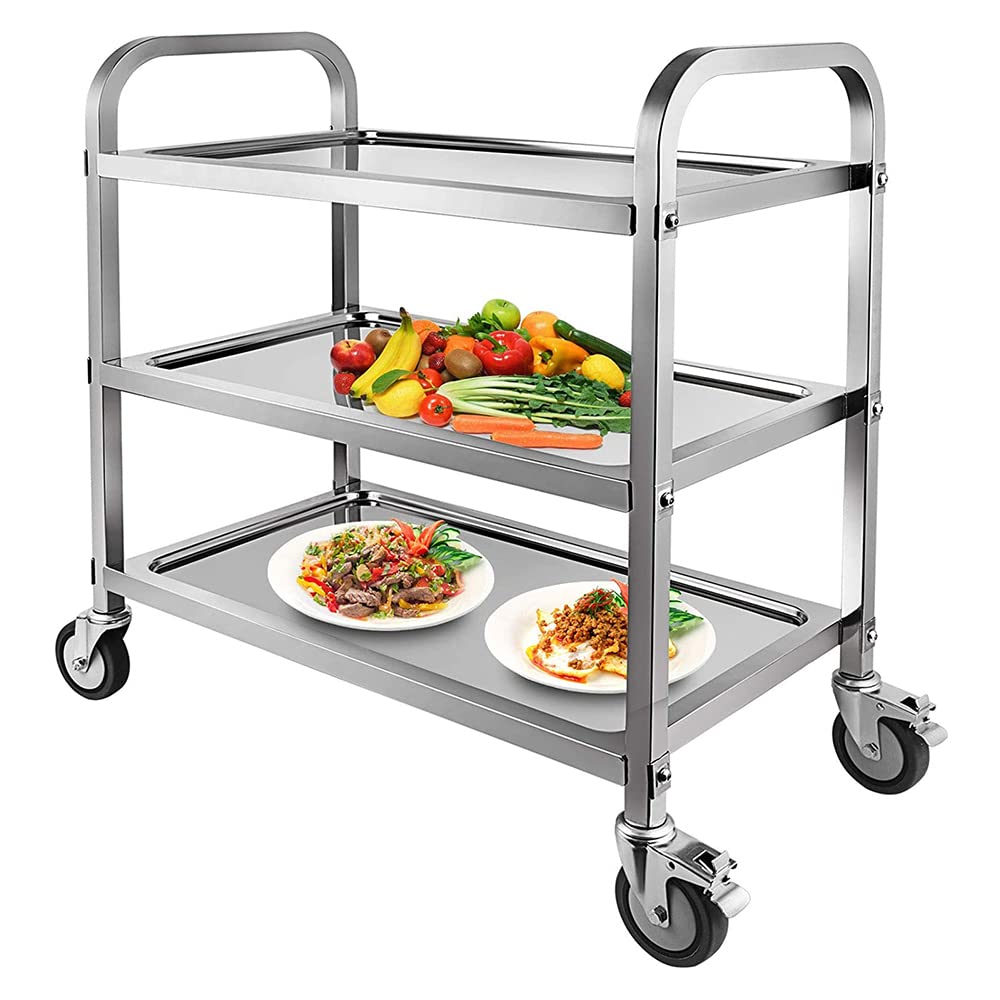 Nisorpa 3 Tier Stainless Steel Catering Trolley Wheels Utility Cart Kitchen Cart Serving Trolley with Locking Wheels for Kitchen Hotels - 750x400x835MM