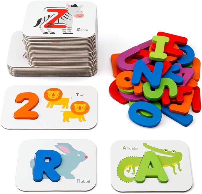 Coogam Numbers and Alphabets Flash Cards Set - ABC Wooden Letters and Numbers Animal Card Board Matching Puzzle Game Montessori Educational Toys Gift for Toddlers Age 3 Preschool and Up Years