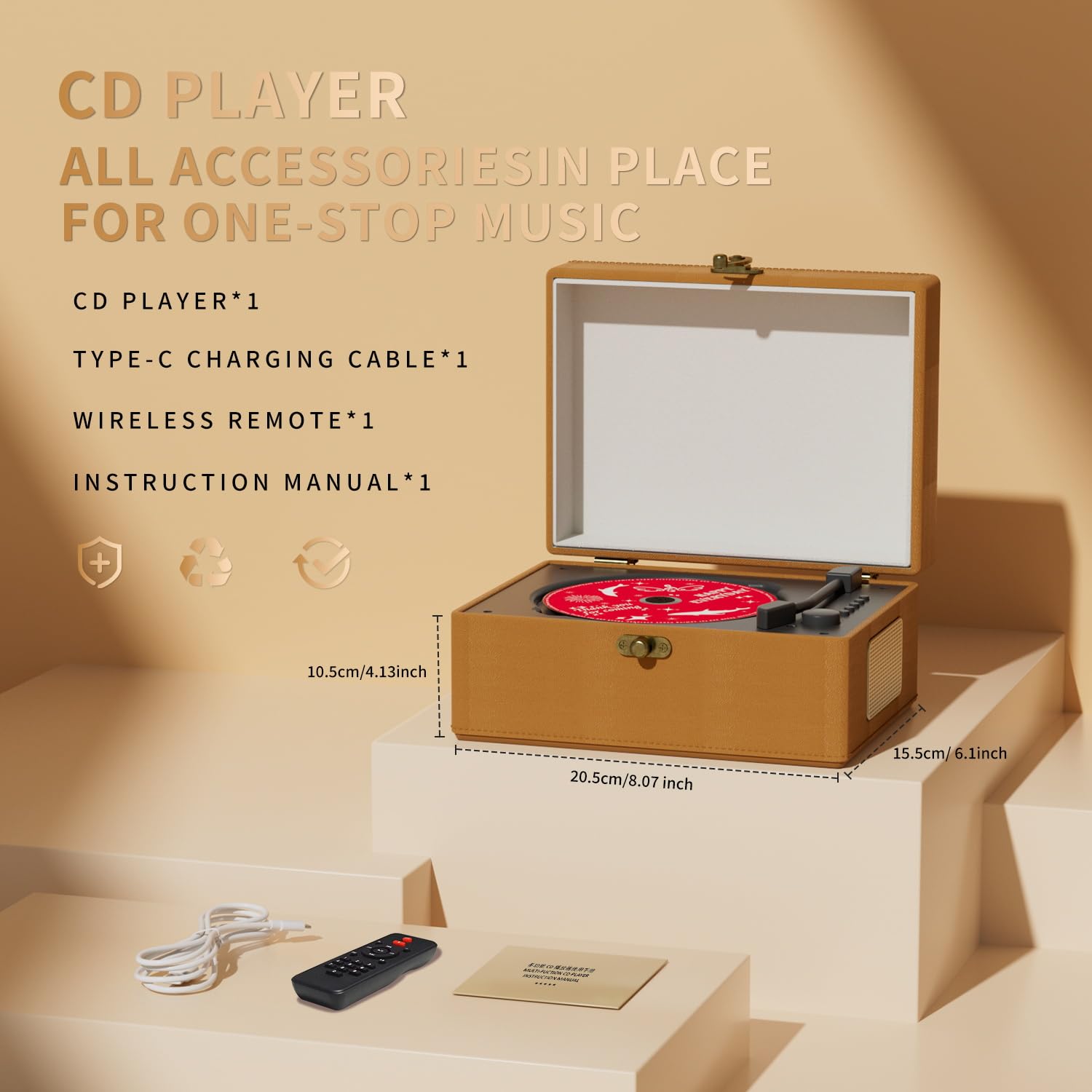 Rechargeable Leather CD Player with Speakers; Bluetooth Transmitter; Festival Gift; BGM Player for Home Décor (Brown)