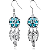 HOOHWE Feather Dangle Earrings for Women 925 Sterling Silver Turquoise Drop Earrings with Feather Vintage Leaf Hook Earring Western Jewelry