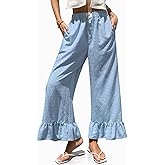 TARSE Women’s Plaid Wide Leg Pants Flared Leg Baggy Drawstring Ruffle Palazzo Pants with Pockets