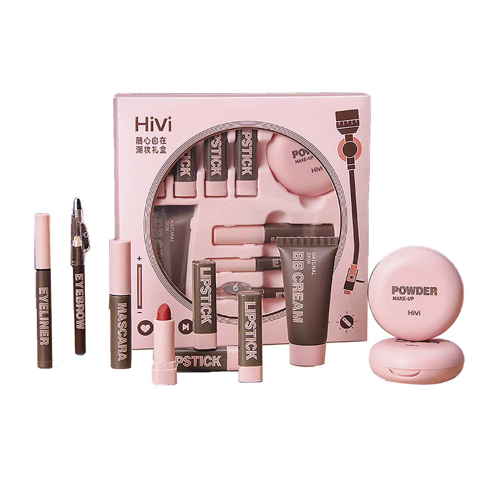 HiVi Makeup Set, Cosmetics Set, 9 Piece Set (1 x Foundation, 1 x Compact Powder, 1 x Eyeliner, 1 x Eyebrow Pen, 1 Mascara, Lipstick x 4), Full Beauty Makeup Set, Long Lasting, Makeup Set, Beginners,