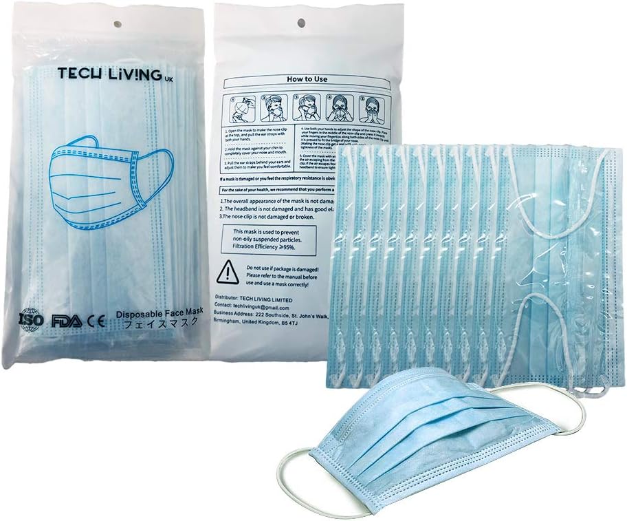 Individually Wrapped! TECH LIVING UK 3 Face Masks, Medical Masks, Surgical Masks;4PLY; Able to Use Up to 5 days in Dry Condition(3PCS)