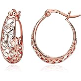 Hoops & Loops 925 Sterling Silver Diamond-cut Two-Tone Filigree Swirl Small 20mm Hoop Earrings for Women, Silver, Yellow Gold, Rose Gold & Black