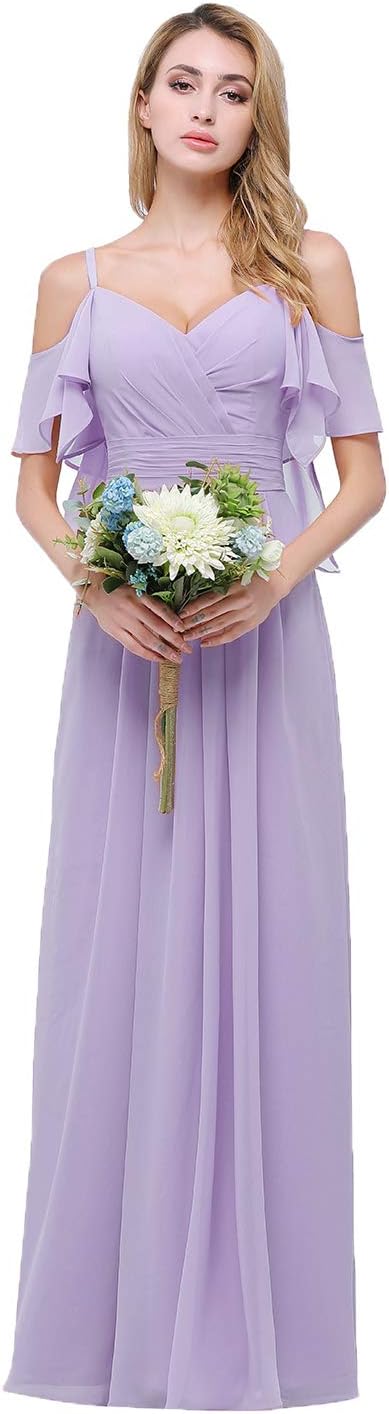 CLOTHKNOW Spaghetti Chiffon Bridesmaid Dresses Long with Shoulder Ruffles