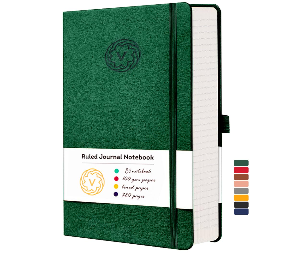 VABE UK B5 Journal Notebook Lined Notepad 320 Pages - 100gsm Hardcover Writing Notebook, Classic Casebound Lined Journal with Elastic Closure, Inner Pocket, Pen Loop & Sticky Notes (B5, Green)