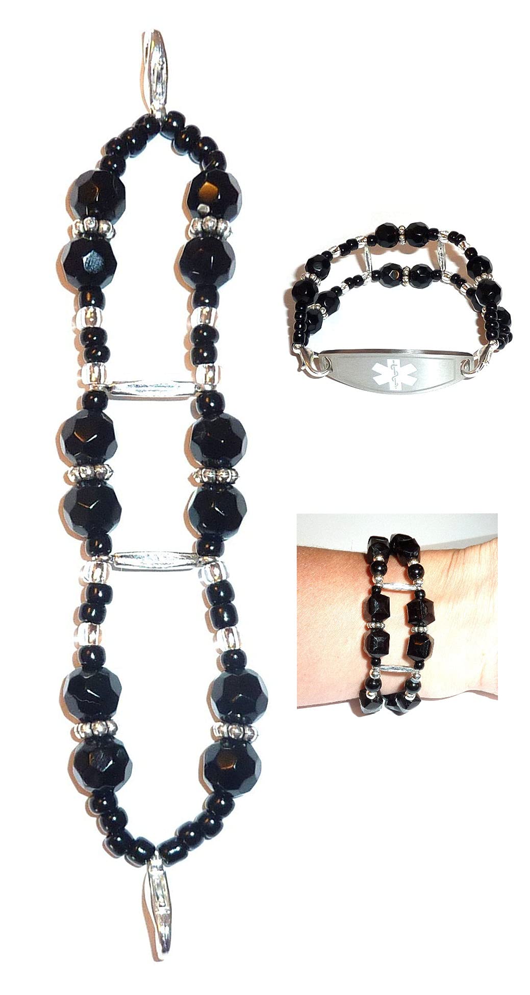 Hidden Hollow Beads Women's Medical Alert ID Interchangeable Replacement Bracelet, Identification Vital info tag (Black Stretchy Double Band)