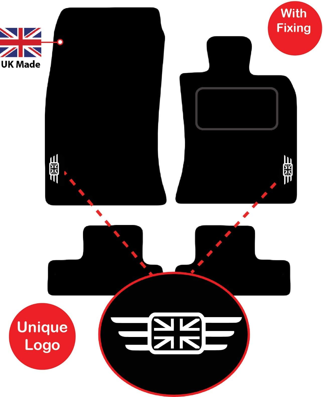 (Silver Edging) Lusso Carpet Floor Mats for Car | Tailored/Compatible to Fit Mini Cooper R52 from 2004 to 2007 | Front & Rear with Heel Pad | 4-Piece Set