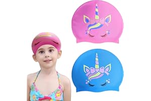 Swim Cap Kids (2 Pack), Silicone Swimming Cap for Girls Boys Teens Toddler Aged 3-15, Comfortable Fit Kids Swim Cap for Long 