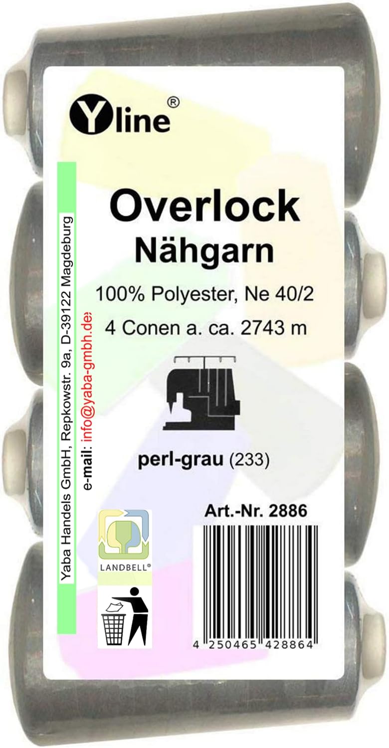 4 Bobine di filo da cucito overlock, Grigio Perla, 2,743 m ciascuno, NE 40/2, 100% Polyester, filato per cucire, filo per macchina da cucire, 2886