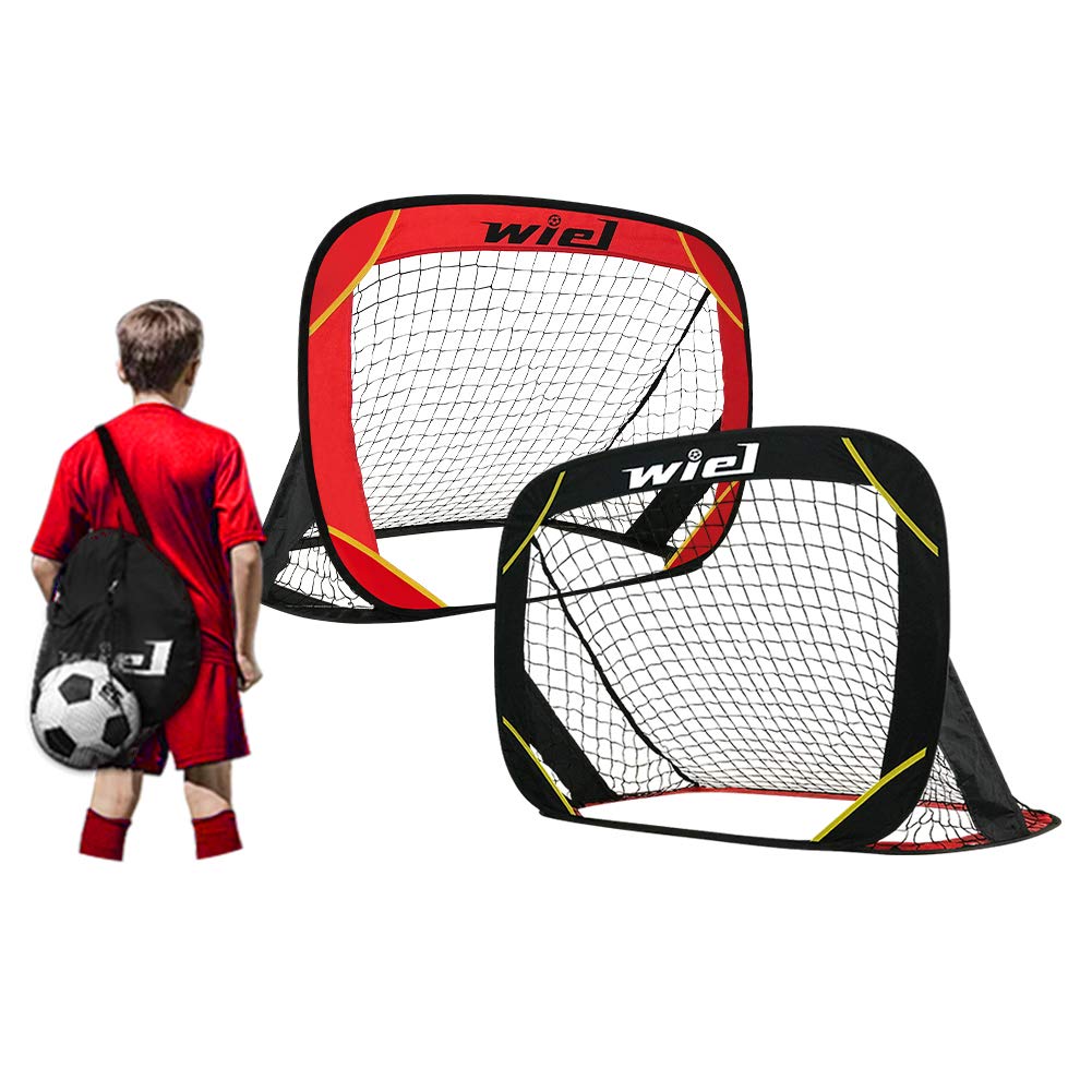 Wiel Pop Up Football Goals, Set of 2 Portable Kids Football Nets for Garden Training and Team Game, 48x32 Inch Foldable Red/Black Goal Set with Carry Bag Includes Mesh Ball Compartment