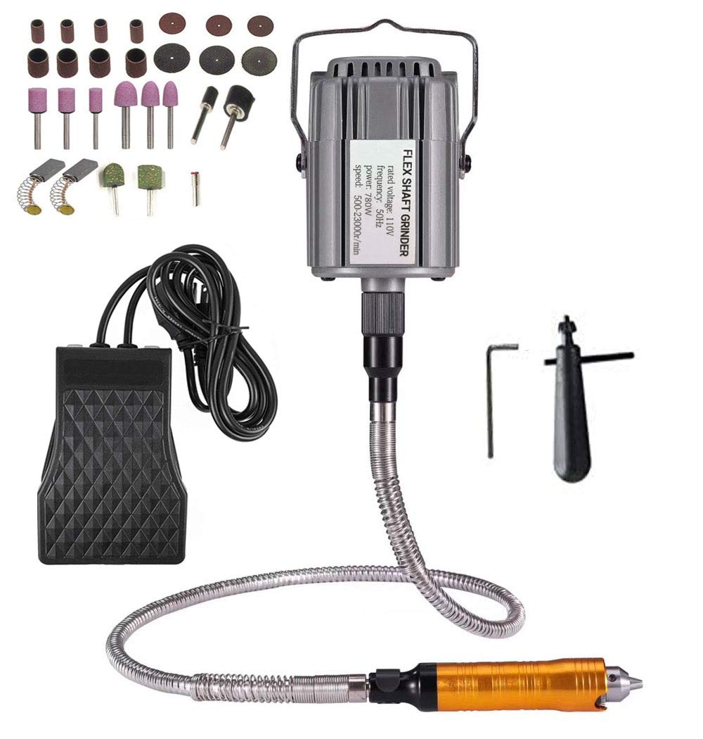 VOTOER Herramienta rotativa Eje flexible Amoladora colgante Carver Kit de reparación de herramientas metalúrgicas multifunción eléctricas, control de pedal, potencia fuerte de 780 W, eje flexible de metal, 23000 RPM