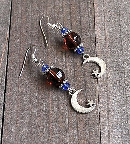 Silver Moon & Star Earrings Crescent Moons Carmel Colored Glass and Blue Crystal Beads Sterling Silver Earwires
