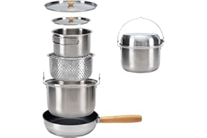 KingCamp Camping Cookware Set, 304 Stainless Steel Campfire Cooking Pots Pan and Kettle with Travel Tote Bag for Camping Outd