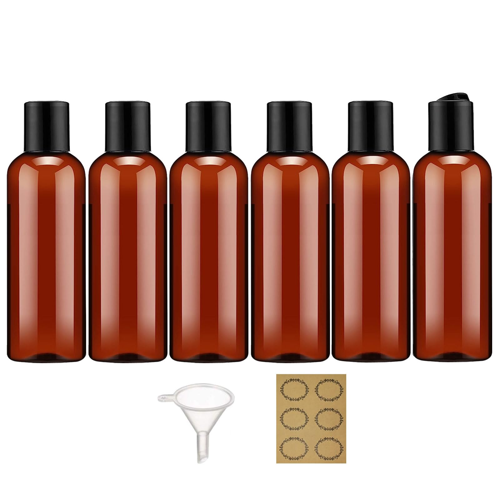 Apstaqeoo 6PC 100ML Plastic Bottles with Disc Top Flip Cap Empty Squeeze Bottle Refillable Travel Container Dispenser with Funnel Label TSA Approved for Liquid Lotion Toiletries Cosmetic（Brown）