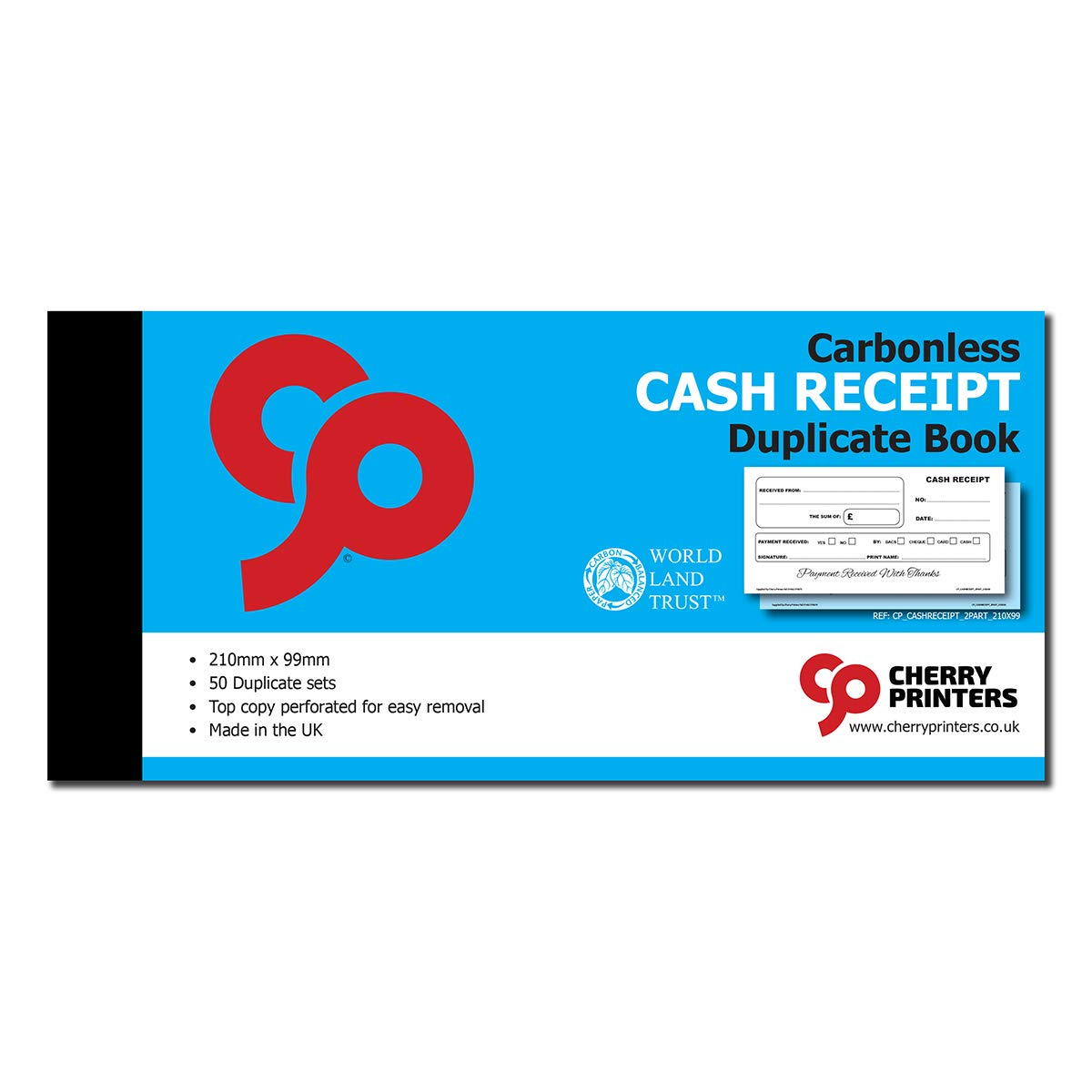 Cherry Carbonless Cash Receipt Duplicate Book | 210mm x 99mm | 50 Perforated Sets | Made in the UK | Professional Record Keeping
