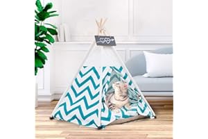 Pet Teepee Pet Tent for Dogs Puppy Cat Bed White Canvas Dog Cute House Pet Teepee with Cushion 24inch Indoor Outdoor (Green)