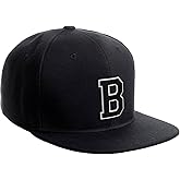 Classic Snapback Hat Custom A to Z Initial Raised Letters, Black Cap White Black